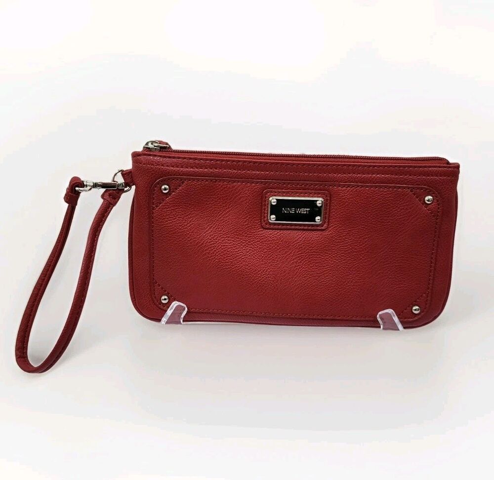 Nine West Red Faux Leather Wristlet Pouch Clutch Wallet Small Zipper Handbag 9x5
